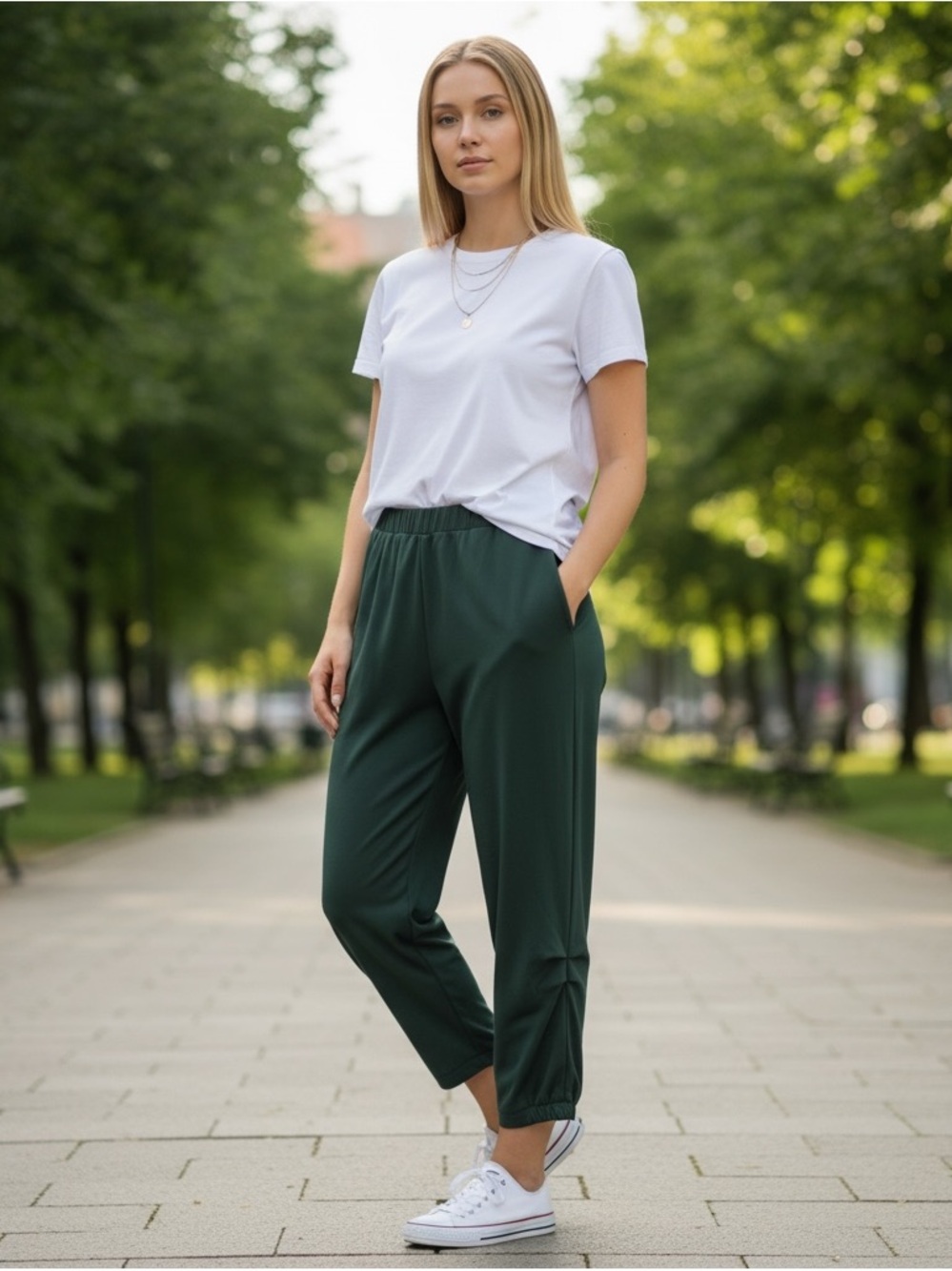 DAVI & DANI Dark Green Elastic-Waist side Rouched Pants